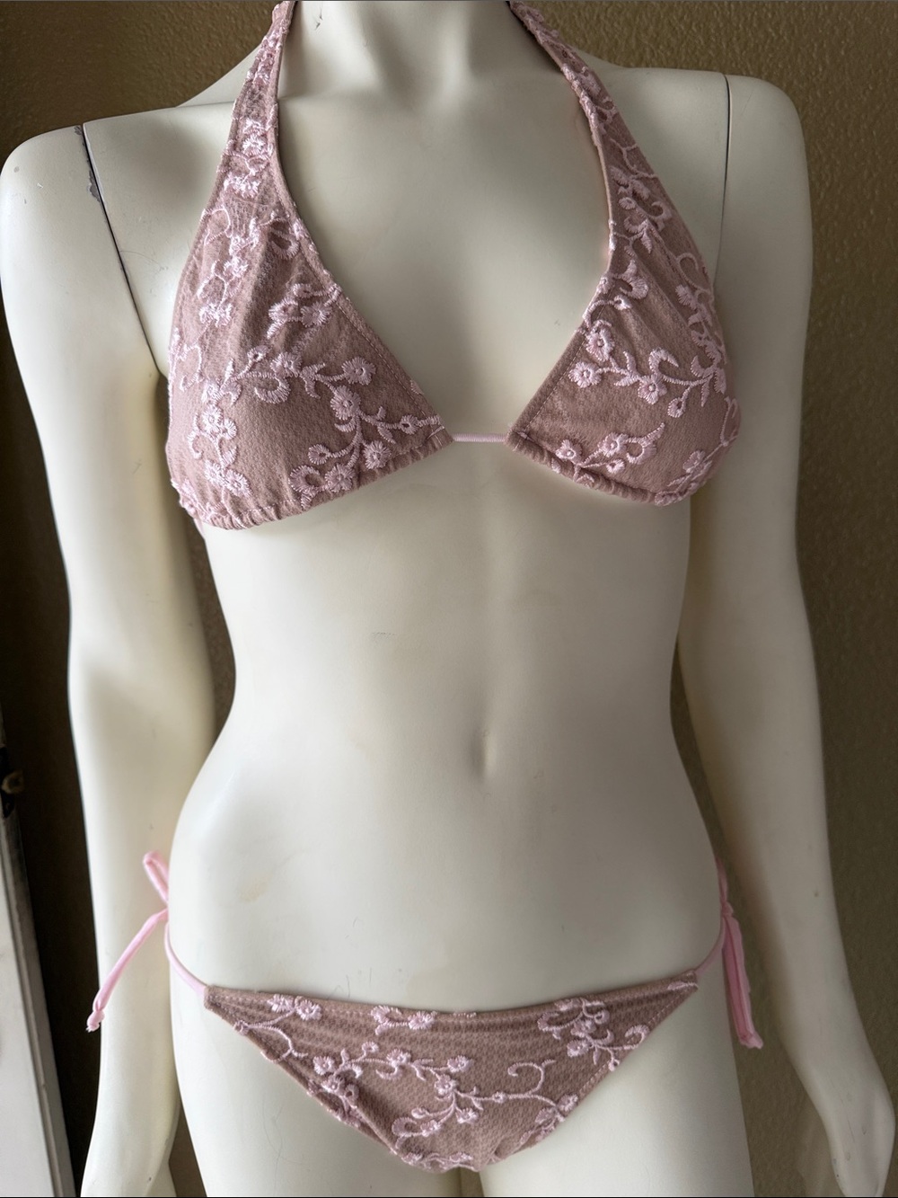 Beach Bunny Blush Pink Floral Lace Triangle Bikini Set